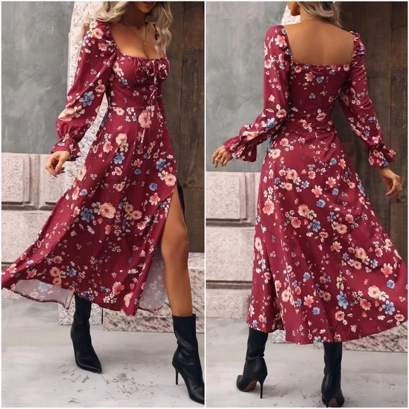 Boho Floral Print Ruffle Sleeve Maxi Dress - Picture 4 of 7